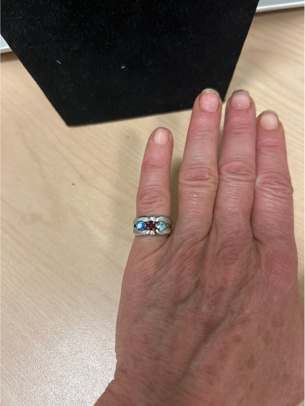 Rhodium electroplate three color gemstone ring. Vibrant bold.